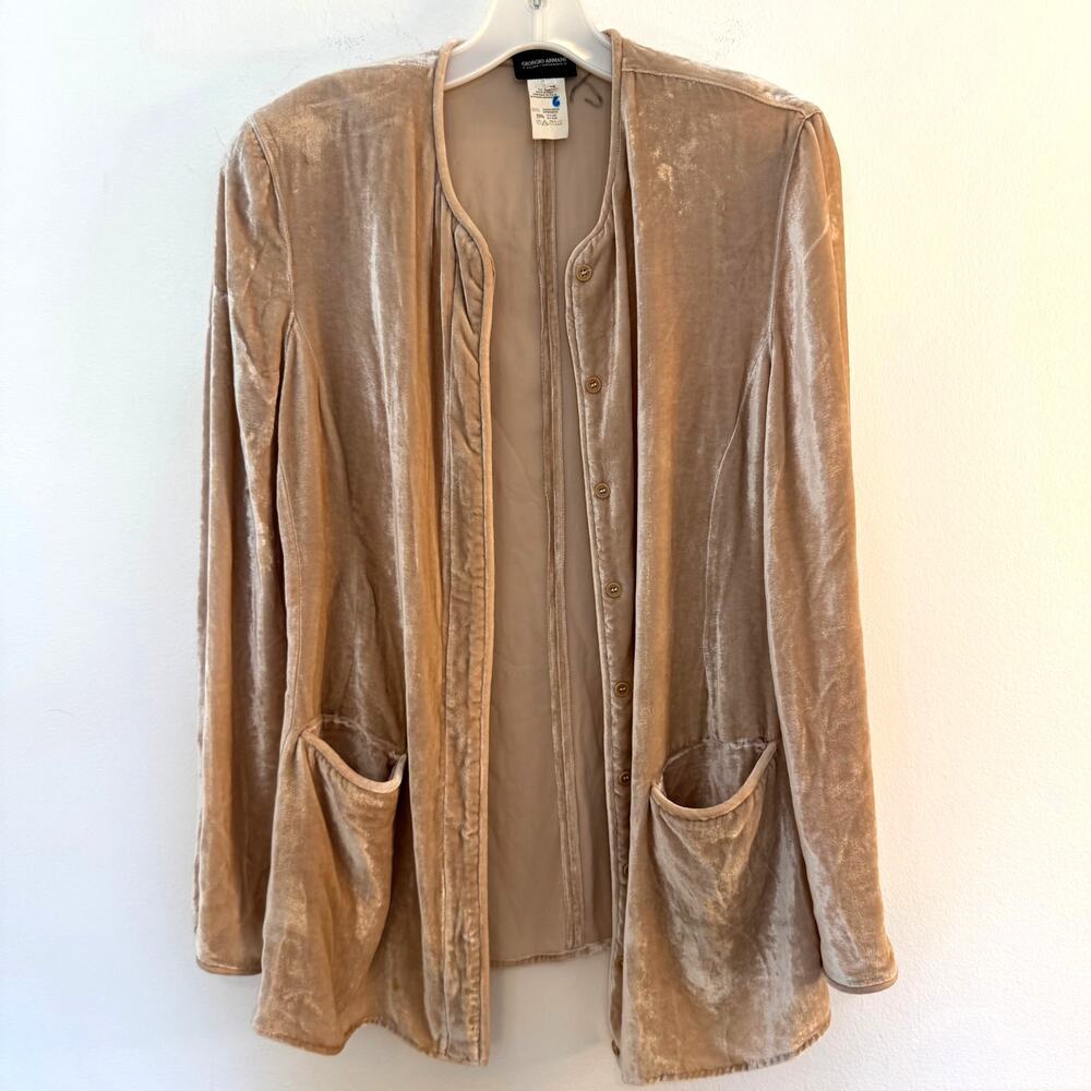 Giorgio Armani Velvet Silk Blend Blouse Jacket Beige Taupe Italy 46 US L Luxury